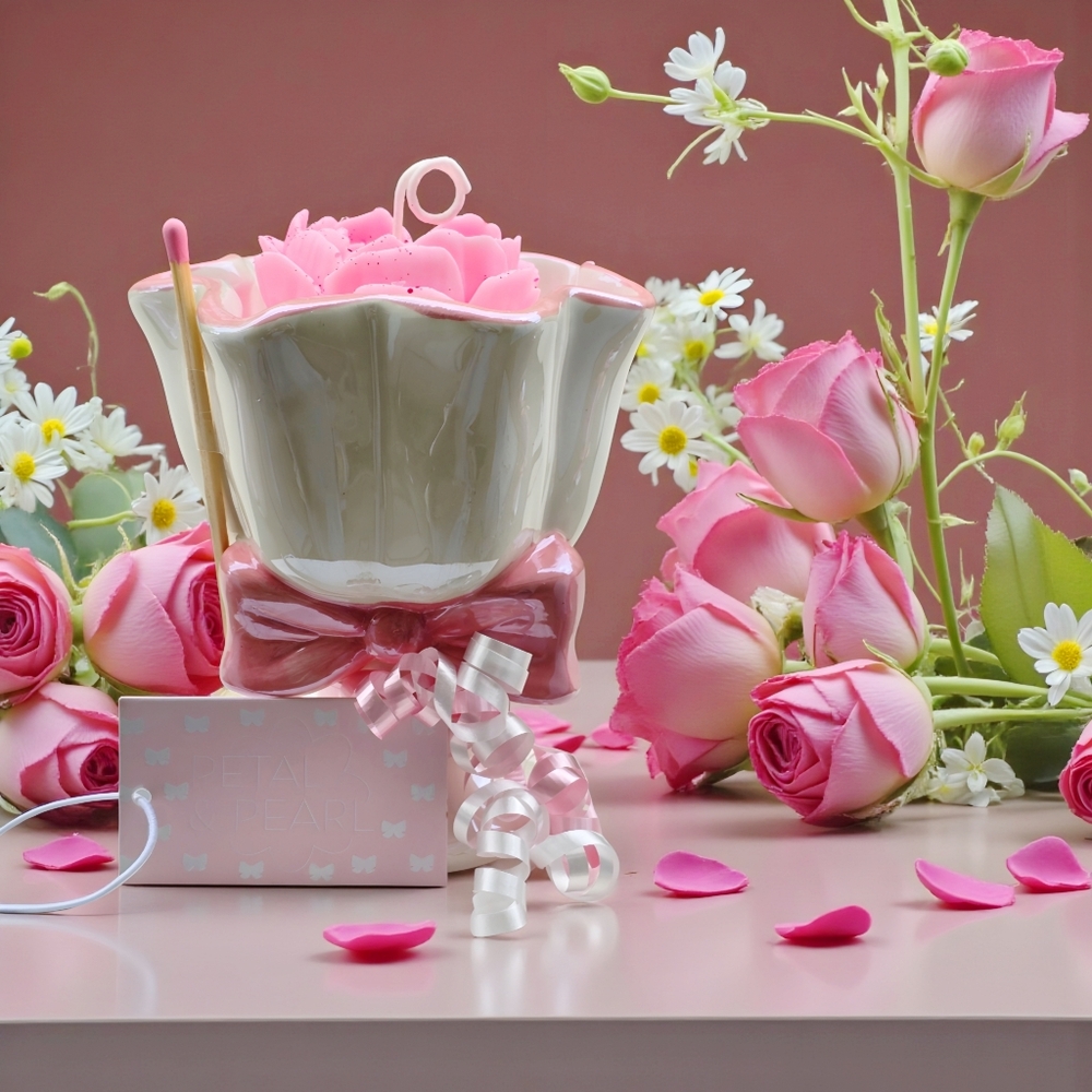 Petal & Pearl ✦ Iridescent Rose Candle ✦ Soy Wax Heart Rose Melt Pink Vessel NWT
